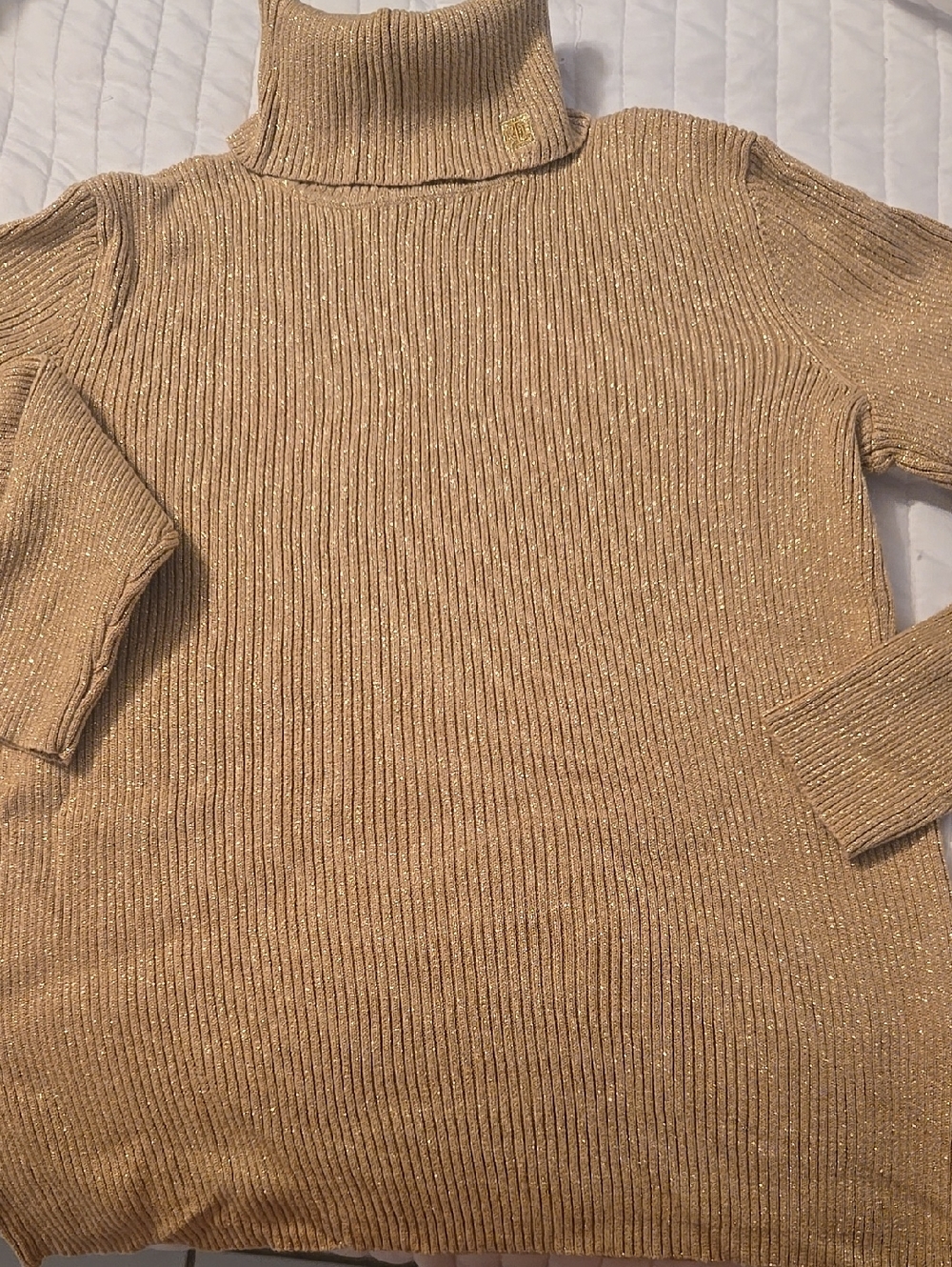 RALPH LAUREN Metallic Ribbed Turtleneck Sweater GOLD PETITE